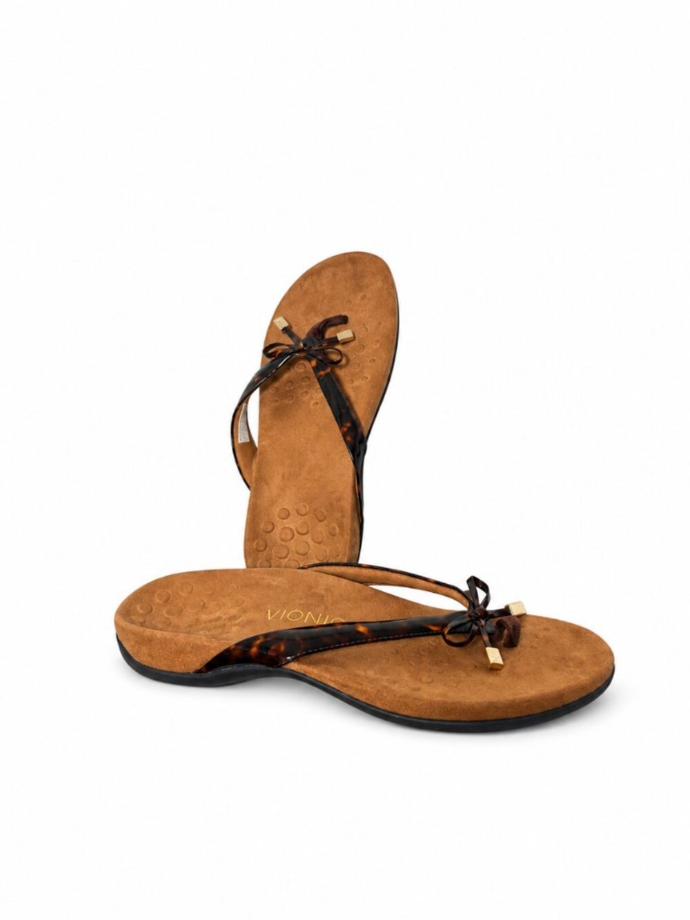 Vionic Womens 9 Brown Tortoise Flip Flops Sandals Arch Support Comfort Bow